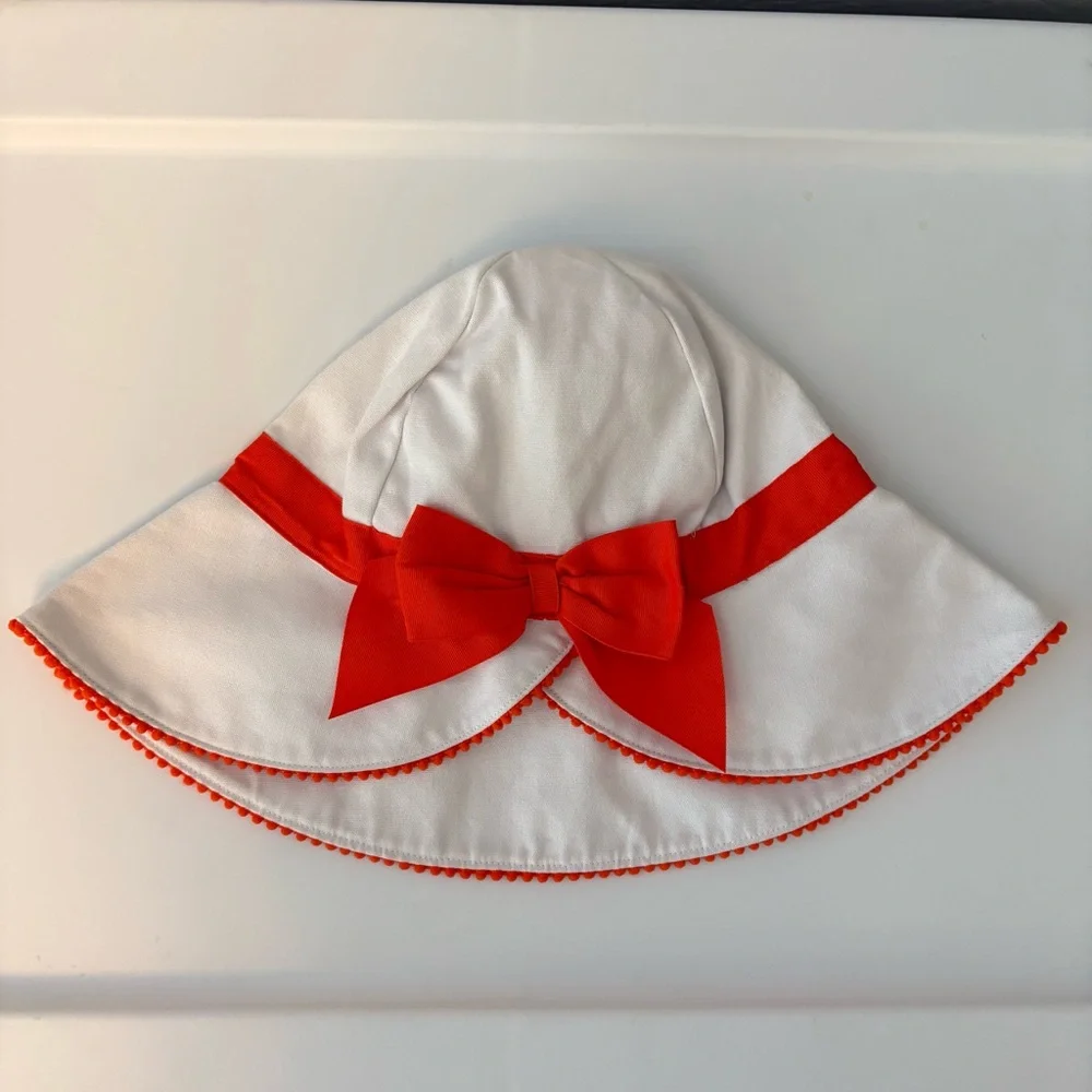 Janie and Jack white sunhat with orange bow and pom trim size 6-8